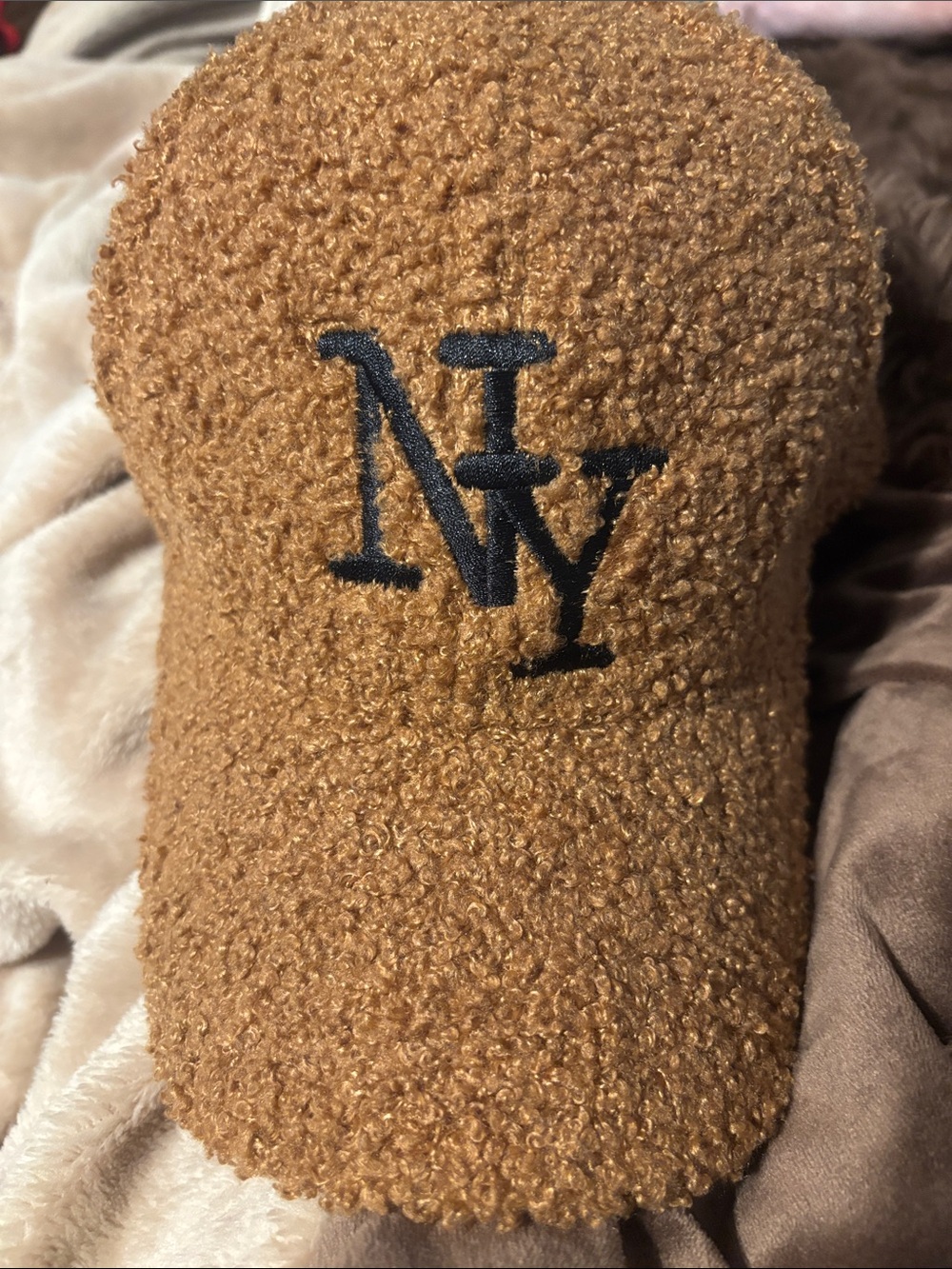 Embroidered NY Teddy Sherpa Baseball Cap - Camel